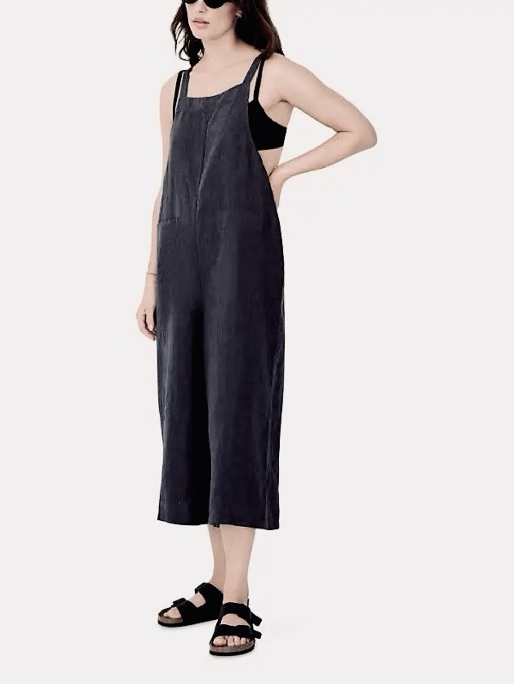 The White Company - Black Wide-Leg Cropped Linen Overalls Size 6